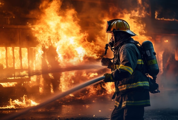 Bombeiro em ação combatendo um incêndio em uma casa ou escritório em chamas