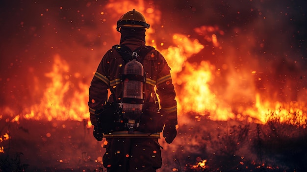 Bombeiro em frente a um grande incêndio