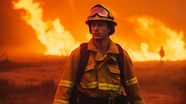 Bombeiro em pleno funcionamento em frente a um incêndio florestal Generative AI