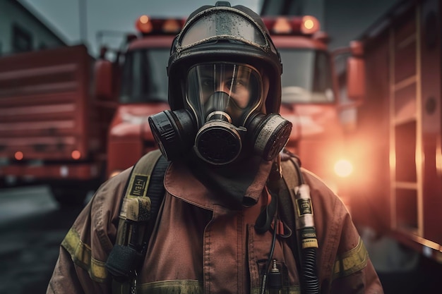 Bombeiro em retrato de ação com máscara de gás e carro de bombeiros de capacete em segundo plano Generative AI