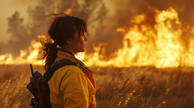 Foto bombeiro olhando para um incêndio furioso