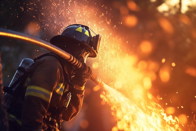 Bombeiro pulverizando mangueira no incêndio com IA gerativa