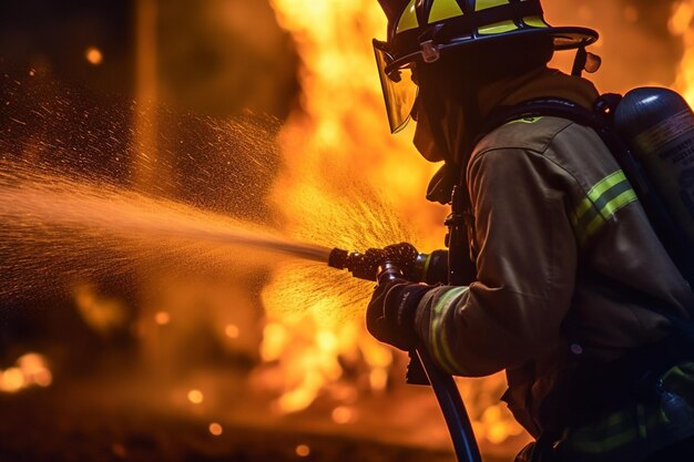 Bombeiro pulverizando mangueira no incêndio com IA gerativa