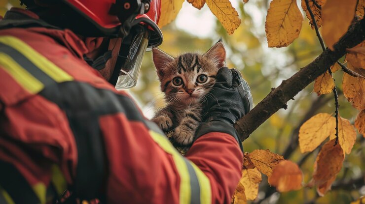 Foto bombeiro resgatando um gatinho de uma árvore mostrando bravura e compaixão