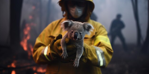 Foto bombeiro segurando um bebê de urso koala selvagem durante um incêndio na floresta