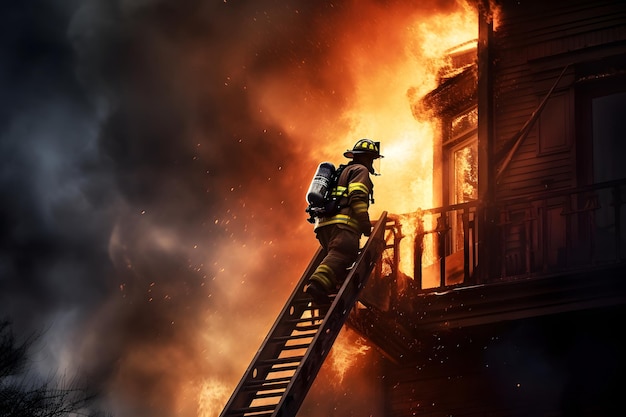 Bombeiro subindo na escada de incêndio em uma casa em chamas na varanda da rede neural gerada imagem