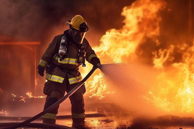 Bombeiro tentando apagar chamas em casa em chamas