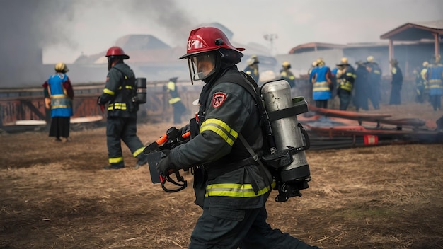 Foto bombeiro trabalhando para transferir pessoas da área de incêndio