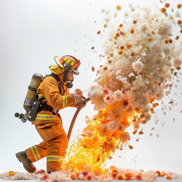 Foto bombeiro usa mangueira para extinguir incêndio