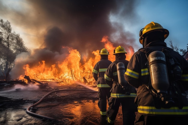 bombeiro usando água e extintor para combater chamas de fogo em uma emergência IA generativa