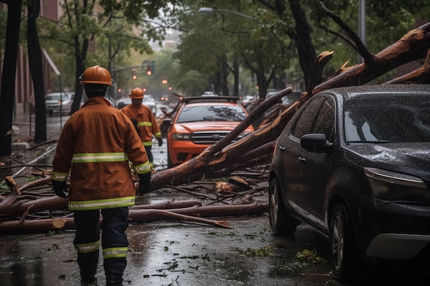 Bombeiros ajudando a limpar árvores caídas de carros após um dia chuvoso tempestuoso