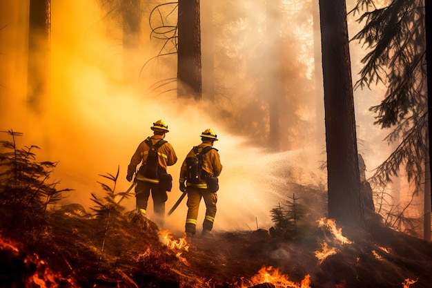 Bombeiros apagam um incêndio na floresta com fumaça e chamas