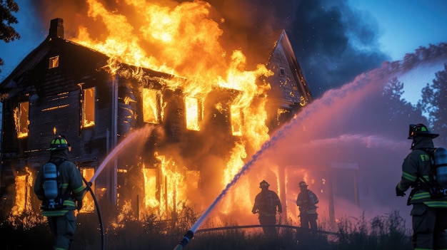 Bombeiros apagando um incêndio em uma casa