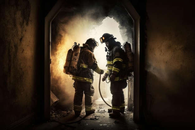 Bombeiros atacando um incêndio Criado com tecnologia generativa de IA