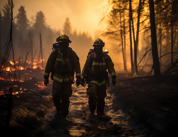 bombeiros caminhando por uma floresta com as palavras fogo nas costas.