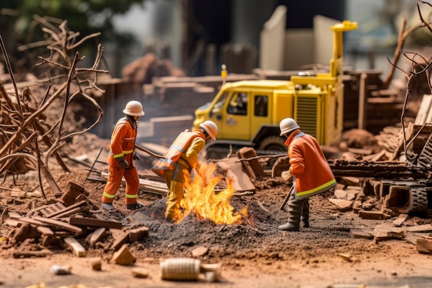 Bombeiros de brinquedo extinguindo chamas