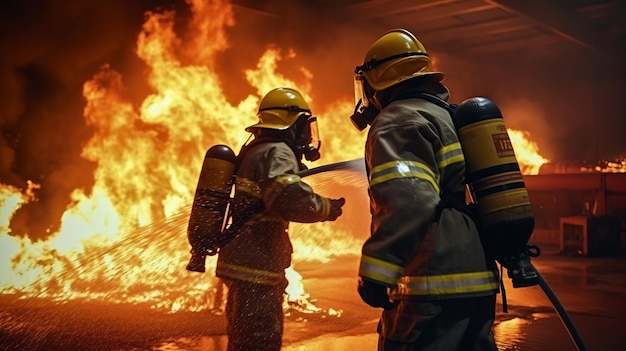 bombeiros em ação em um edifício com um incêndio
