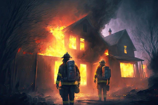 Bombeiros em capacetes e ternos chegaram ao fogo e extinguiram a casa em chamas
