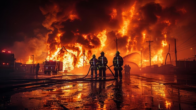 Bombeiros em frente a um enorme incêndio