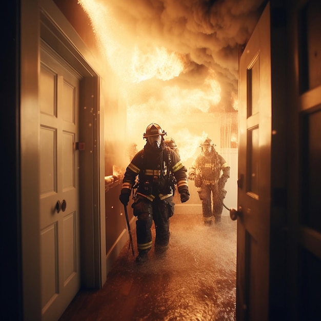 bombeiros estão em um corredor com um bombeiro ao fundo.