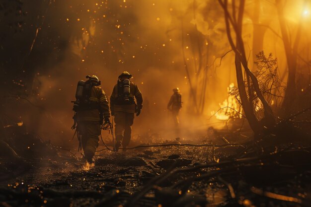 Bombeiros lutam contra incêndios florestais à noite