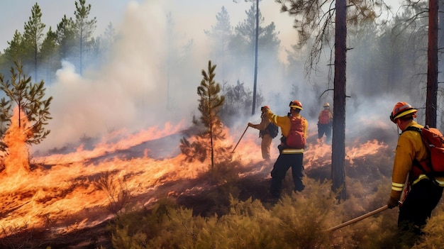 Bombeiros lutando contra as chamas de um grande incêndio florestal