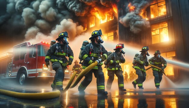 Bombeiros lutando contra o incêndio em um edifício em chamas