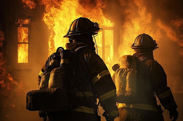 Bombeiros lutando contra o inferno com chamas e fumaça saindo das janelas