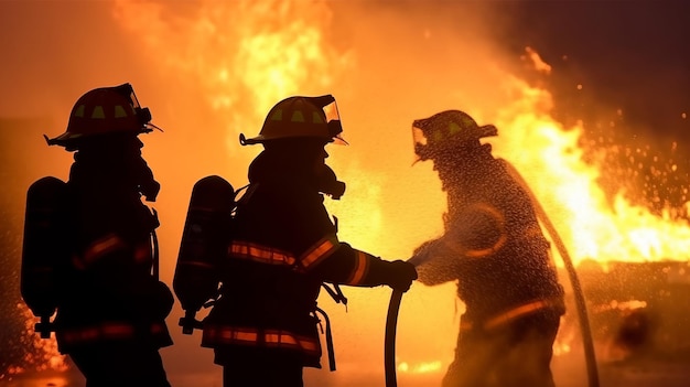Foto bombeiros lutando contra um incêndio à noite bombeiros lutando contra um incêndio