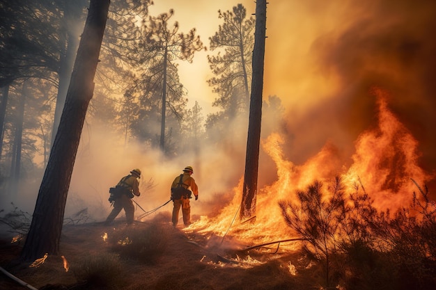 Bombeiros lutando contra um incêndio florestal generativo ai