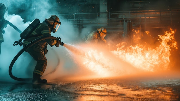 Bombeiros panorâmicos usando Twirl tipo de névoa de água extintor de incêndio para combater com a chama de fogo de óleo para controlar o fogo não para espalhar-se conceito de bombeiro e segurança industrial