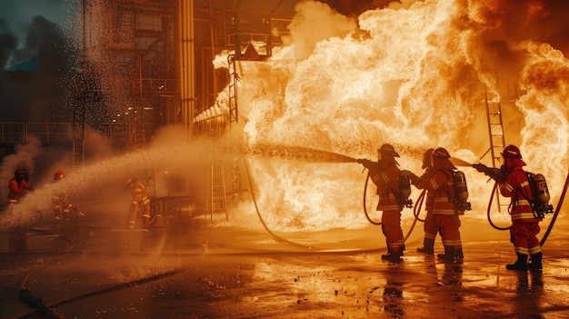 Bombeiros panorâmicos usando Twirl tipo de névoa de água extintor de incêndio para combater com a chama de fogo de óleo para controlar o fogo não para espalhar-se conceito de bombeiro e segurança industrial