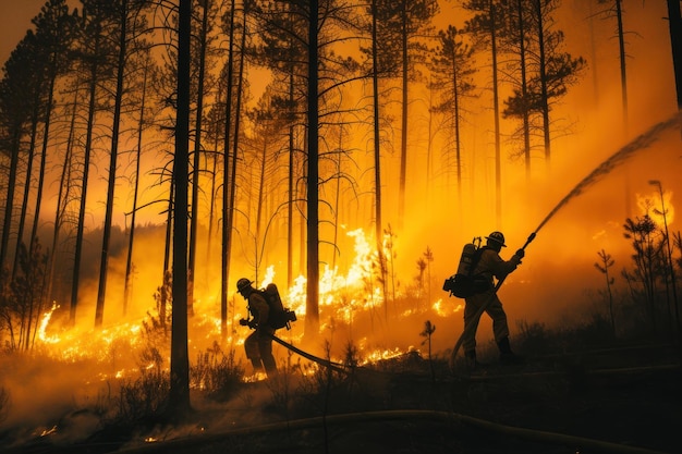 Bombeiros pulverizando água em floresta em chamas