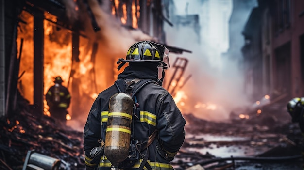 bombeiros tentando apagar um prédio em chamas gerativo de IA