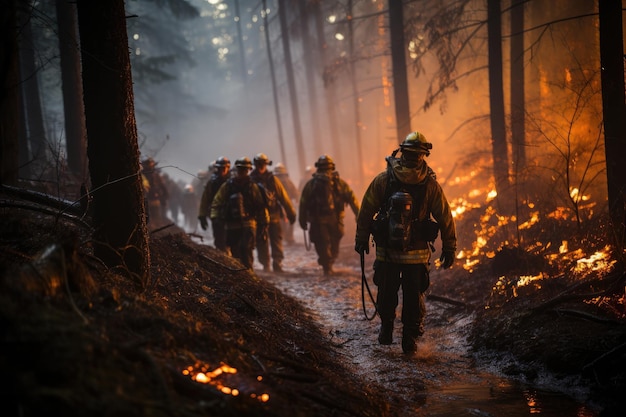 Bombeiros trabalhando juntos para controlar um incêndio florestal em uma floresta