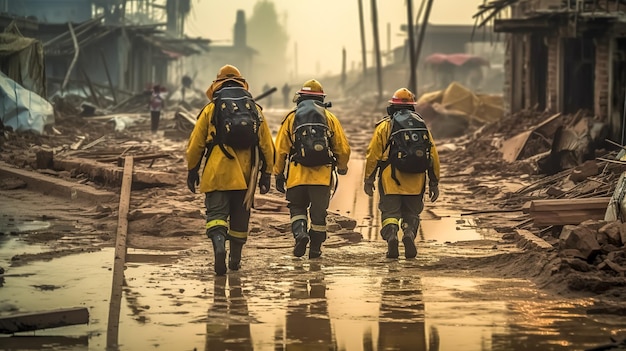 Foto bombeiros voluntários em uma cidade destruída, elementos naturais e guerra feita com generative ai