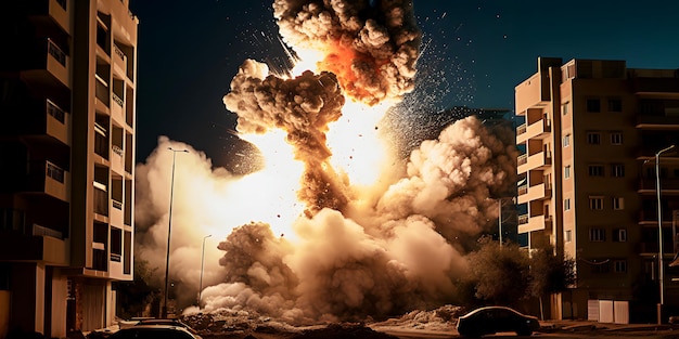 Bombenexplosion mit Flammen und Rauchwolken auf einer Stadtstraße mit Wohngebäuden in der Nacht