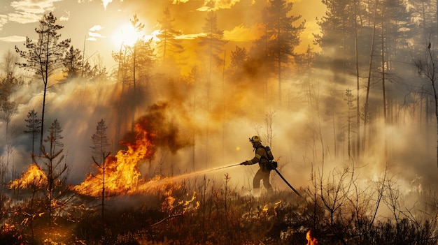 Foto un bombero apaga un incendio en el bosque