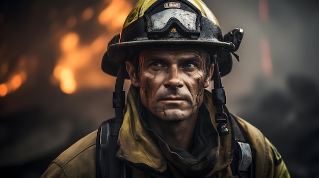 bombero arafed frente a un incendio con un fondo en llamas IA generativa