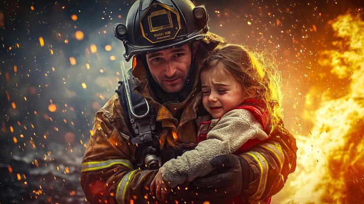 Un bombero ayuda a una niña simbolizando el heroísmo la compasión y la dedicación a salvar vidas Generativo Ai