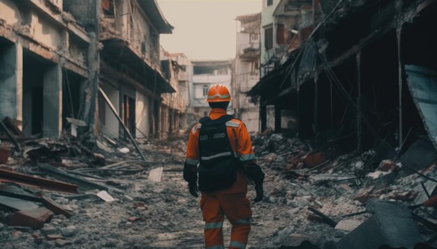 Un bombero caminando entre los escombros tras el terremoto Generative Ai