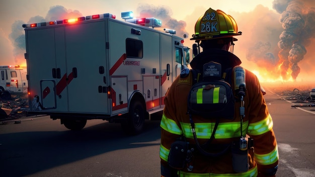 Bombero con un camión de bomberos al fondo