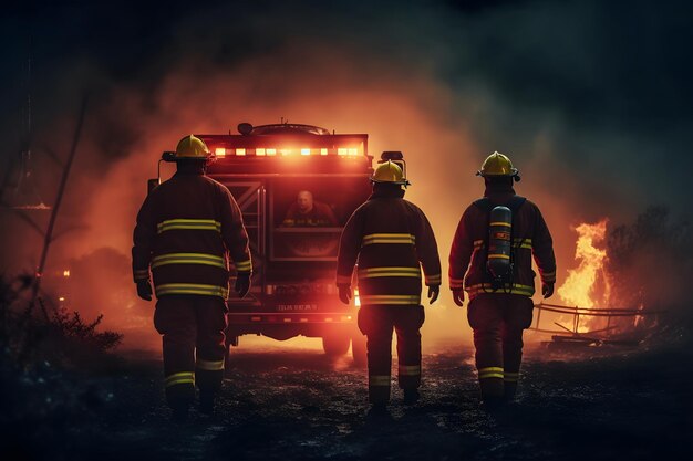 Bombero con camión de bomberos en segundo plano.