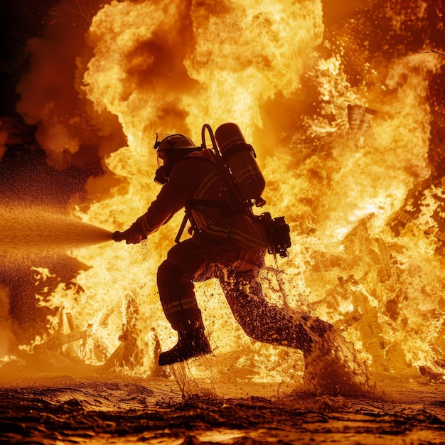 Foto un bombero con un cañón de agua salta a las llamas dentro de la casa