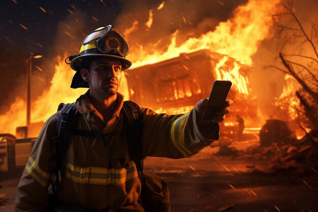 un bombero capturando una selfie con llamas en Generative ai