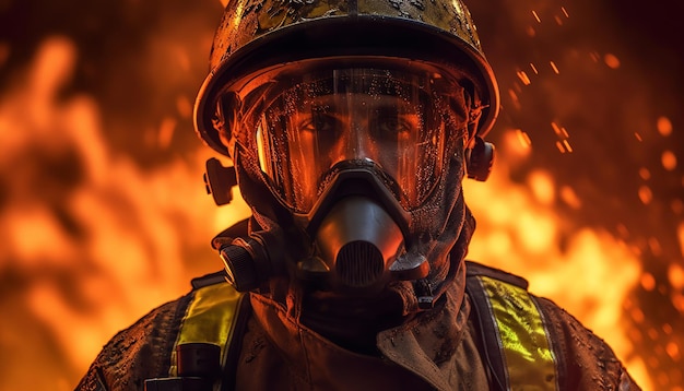 Un bombero con casco y casco amarillo se para frente a un incendio.