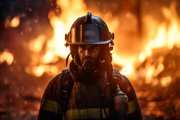 Foto bombero con casco delante del cuerpo de bomberos generativo ai