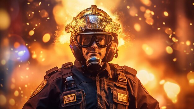 Un bombero con casco y gafas se para frente a un fuego en llamas.