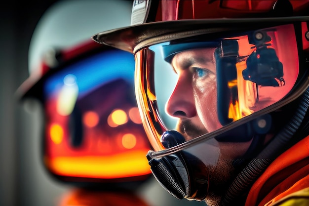 bombero con casco y máscara de protección de oxígeno y fuego sobre fondo borroso