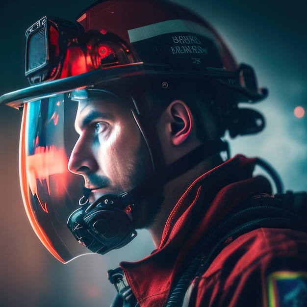 bombero con casco y máscara de protección de oxígeno y fuego sobre fondo borroso
